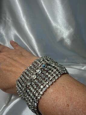 Vintage Signed Weiss Wide Rhinestone Cuff Bracelet Sparkling Clear Crystal